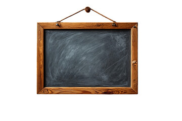 Vintage rectangular chalkboard with rustic wooden frame and hanging rope for messages on transparent background