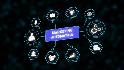 Poster - Marketing Automation System Diagram Blue Hexagons White Icons Dark Background Business Technology Concept