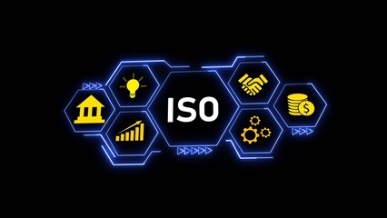 Poster - ISO Standard Certification Hexagon Graphic Blue Neon Yellow Icons Business Finance Technology image