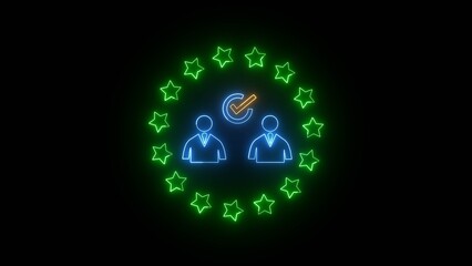 Poster - Neon Green Stars Encircle Blue Figures Representing Teamwork Approved Checkmark Symbol image