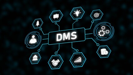 Poster - Abstract Digital Document Management System Illustration Cyan White Icons Dark Background Network Technology Business Data Management Software Graphic