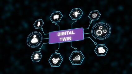 Poster - Digital Twin Network Graphic Purple Box White Icons Teal Connections Dark Background Business Technology Concept