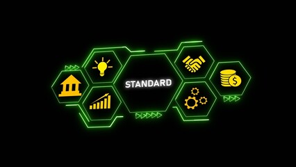 Poster - Green Neon Hexagon Standard Business Concept Graphic Yellow Icons Lightbulb Bank Handshake Coins Graph Gears