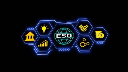 Poster - Blue Neon Hexagon Network Graphic Showing E S O Global Business Concept with Icons of Bank Building Lightbulb Handshake Coins Graph Gears