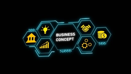 Poster - Abstract Business Concept Graphic Yellow Gold Icons Hexagon Network Blue Neon Glow Dark Background image