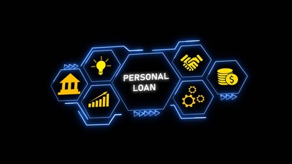 Poster - Personal Loan Concept Graphic Blue Neon Hexagons Yellow Icons Bank Building Graph Coins Handshake Lightbulb Gears Finance Technology