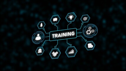 Poster - Teal and White Business Training Concept Graphic Hexagon Icons Network Diagram Dark Background image