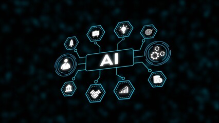 Poster - Teal AI Network Graphic White Icons Dark Background Hexagons Business Technology Concept artificial