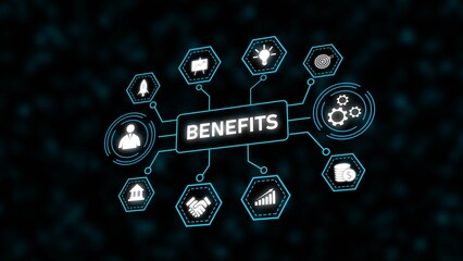Poster - Teal Cyan Business Benefits Diagram Network Graphic White Icons Hexagons Dark Background image