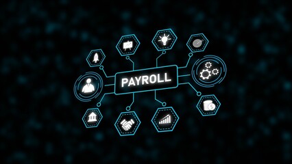 Poster - Teal Cyan Digital Payroll System Graphic White Icons Dark Background Business Finance Technology Network Hexagons