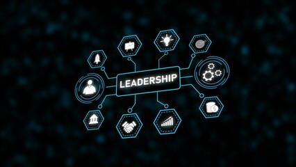 Poster - Teal Cyan Leadership Concept Network Diagram White Icons Dark Background Hexagons Circles Business Strategy Growth Success Teamwork