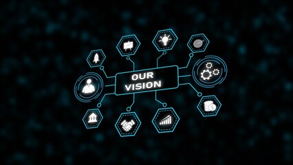 Poster - Teal Cyan Business Vision Network Diagram White Icons Dark Background Hexagons Circles image