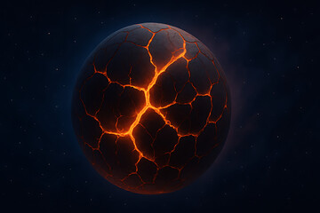 cracked molten planet glowing with fiery lava fissures in deep outer space, apocalyptic celestial bo