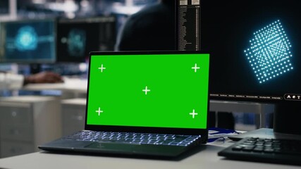 Poster - Data center engineer working on neural network software development on chroma key laptop. Server room IT specialist implementing machine learning technology using isolated screen notebook, camera A