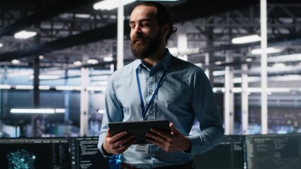 Poster - Data center lead programmer showcasing AI technology and rigs, filming presentation tour. Server room IT employee presenting artificial intelligence deep learning tech, camera A