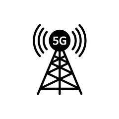 Poster - Simple black icon of a 5g cellular tower transmitting signals on a white background