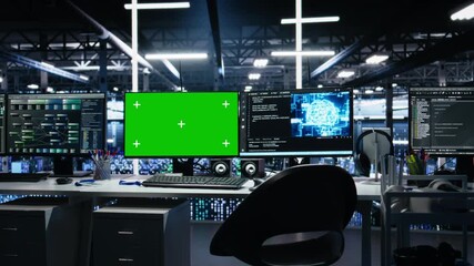 Poster - Green screen computers in data center supporting AI training workflows and automation of equipment systems. Chroma key PCs in server hub tracking hardware processing machine learning datasets