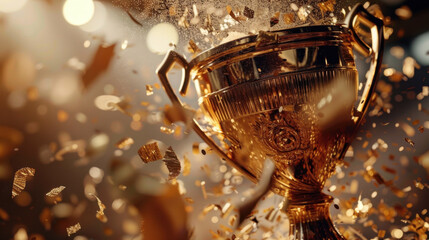 Poster - Stunning gold trophy surrounded by confetti explosion and radiant light rays creates celebratory atmosphere, symbolizing achievement and victory