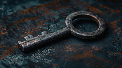Poster - Vintage key rests textured, dark background, showcasing its intricate design and weathered surface. key metallic finish contrasts with rich colors of backdrop, evoking sense of mystery and history