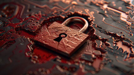Poster - Digital padlock rests on textured circuit board background, symbolizing cybersecurity and data protection. intricate details of circuit design enhance theme of technology and security
