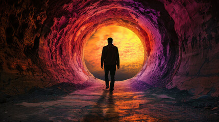 Poster - person walks through vibrant tunnel, emerging into surreal landscape filled with warm colors and dra