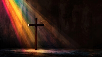 Poster - Wooden cross illuminated by vibrant rainbow light creates soft, dreamy, and spiritual atmosphere, evoking feelings of hope and tranquility. interplay of colors enhances serene setting
