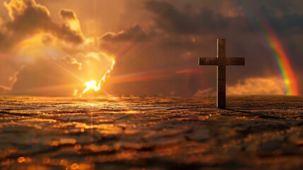 Wall Mural - cross stands prominently against breathtaking sunset, with vibrant colors illuminating sky and rainb