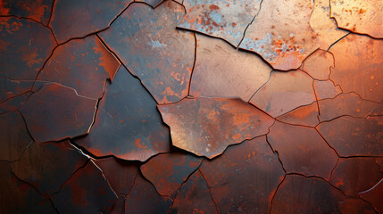 Poster - Crumbling metallic texture with oxidized surfaces creates striking visual effect, showcasing deep rust and vibrant colors that evoke sense of age and decay