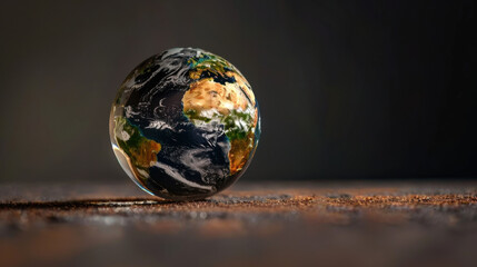 Poster - Crystal ball containing realistic Earth sits on dark surface, showcasing vibrant colors and intricate details of planet. image evokes sense of wonder and exploration