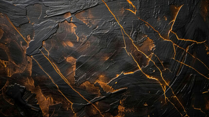 Poster - Dark grunge abstract background featuring textured black surface with golden streaks and scratches, creating dramatic and artistic visual effect