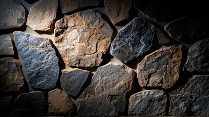 Poster - Dark stone wall background with subtle shadow gradient creates textured and dramatic atmosphere, perfect for various design applications. rugged stones add depth and character