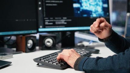 Poster - Admin in high tech data center coding with machine learning generative AI assistant. Worker using artificial intelligence neural networks large language model technology, camera A