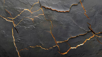 Poster - Deep grey wall texture background with cracks and golden highlights creates striking visual effect. intricate patterns evoke sense of depth and character, perfect for various design applications