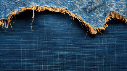 Poster - Denim fabric macro texture with worn areas and frays, showcasing rich blue color and intricate weave patterns that evoke sense of durability and style