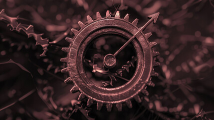 Poster - Detailed gear with upward arrow symbolizes progress and growth, surrounded by abstract shapes and textures, creating dynamic and modern visual representation of innovation