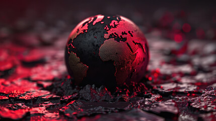Poster - Digital globe with dark surface and red highlights, surrounded by textured, rocky terrain, evokes sense of mystery and intrigue. contrasting colors create striking visual impact
