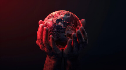 Poster - Digital hands holding glowing Earth, symbolizing unity and care for planet, illuminated in striking red hue against dark background