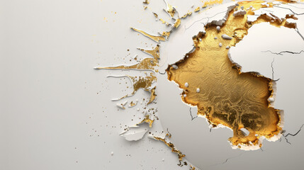 Poster - Futuristic abstract design featuring cracked surface revealing golden interior, symbolizing transformation and beauty. interplay of white and gold creates striking visual impact