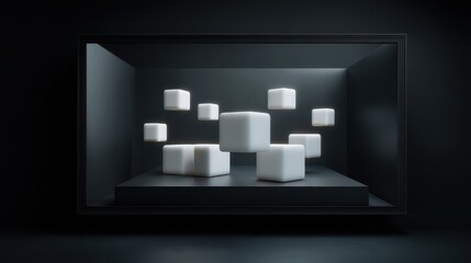 Poster - Frameless smart television with floating 3d cubes in modern display design