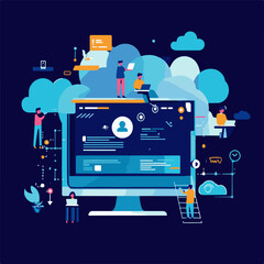 Flat vector illustration of a business team using cloud computing services and technology for collaborative work on a large monitor.