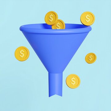 3D Render Of A Blue Funnel With Gold Coins Against Light Blue Background Representing Sales And Financial Growth