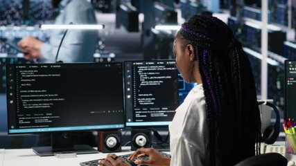 Fototapete - Technicians in data center review AI diagnostics, analyzing neural network performance to maintain operational reliability. IT workers optimize artificial intelligence systems configuration, camera A