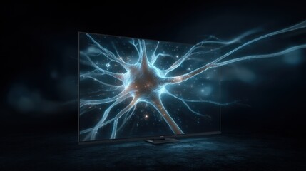 Poster - Frameless smart tv displaying neural connections on central screen