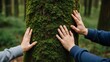 © Hisan - Hands touching a mossy tree trunk in a lush green forest nature scene