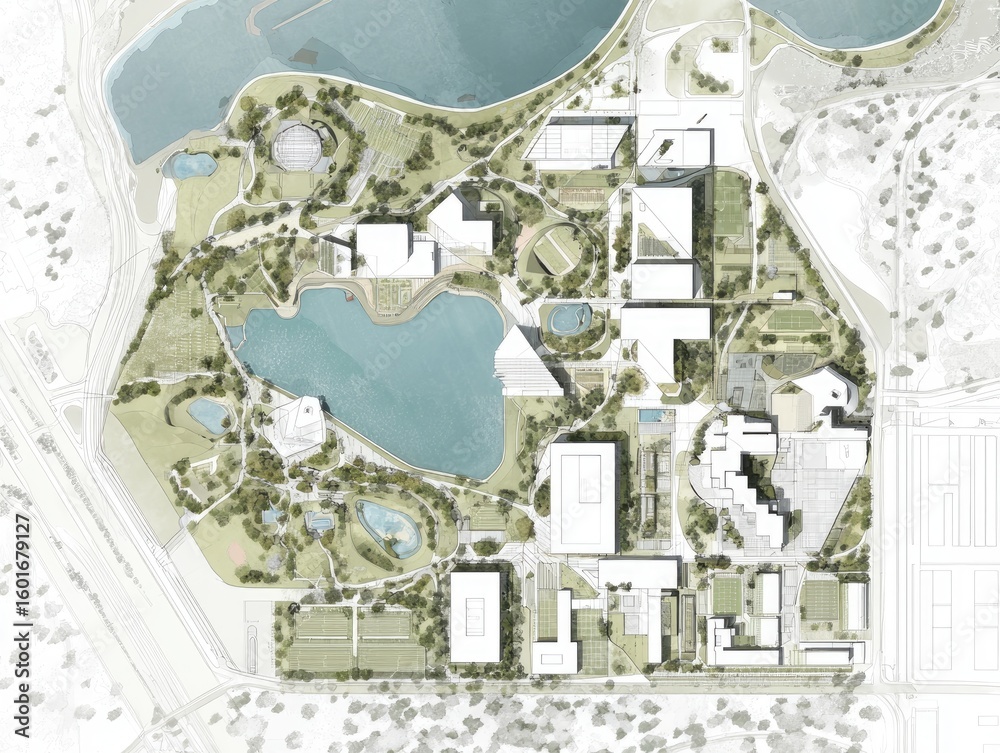 Aerial view of a sprawling campus with numerous buildings nestled ...