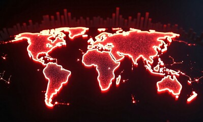 Poster - Illuminated red world map with intricate data visualizations, representing global activity and interconnected systems.