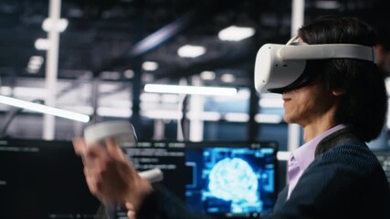 Poster - Data center engineer using virtual reality, working on neural network software development. IT expert in server room using VR equipment, implementing machine learning technology, camera A
