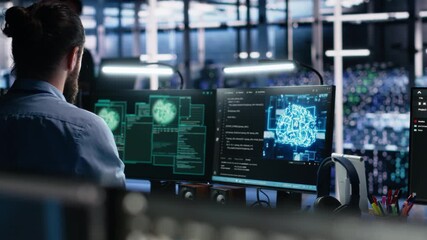 Poster - Server farm programmers seeing hacking warning, working to secure systems from cyberattack accessing confidential data. Team of data center coworkers fighting virus during security breach, camera A