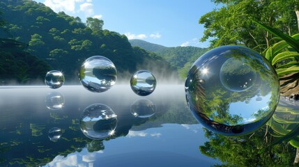 Wall Mural - abstract reflective spheres levitating over misty lake surrounded by trees and hills, digitally rend