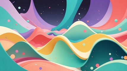 Poster - Abstract Pastel Landscape with Wavy Shapes and Cosmic Elements